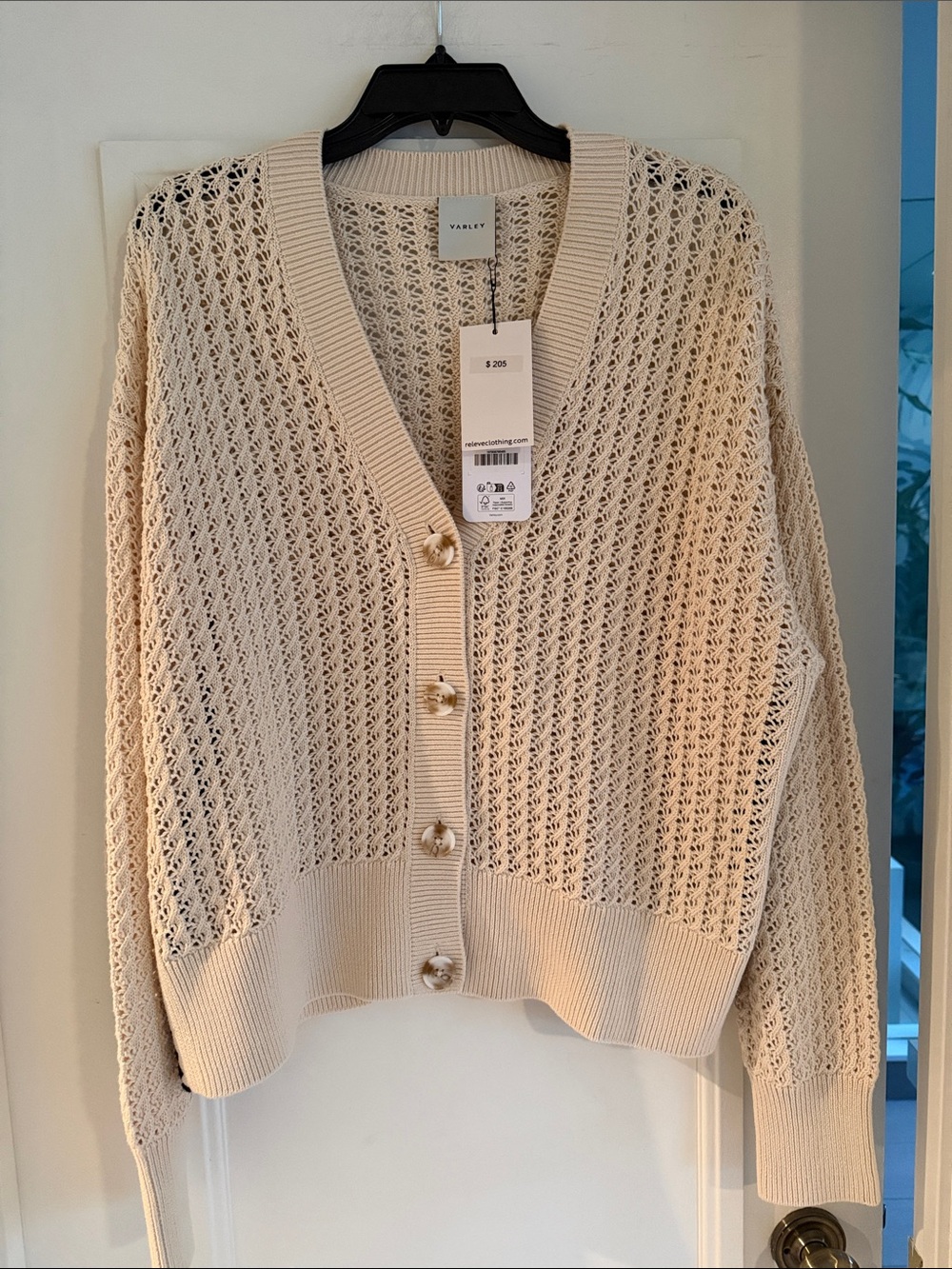 Varley Beige Open-Knit Button Cardigan